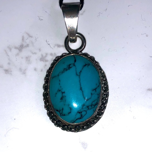 Vintage 925 Sterling Silver Chunky Turquoise Pendant Mexico - Picture 2 of 4